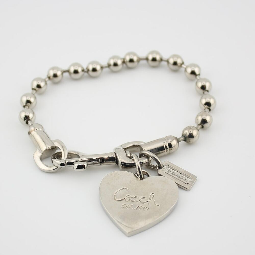 Coach Silver Tone Ball Chain Heart Charm Toggle Bracelet